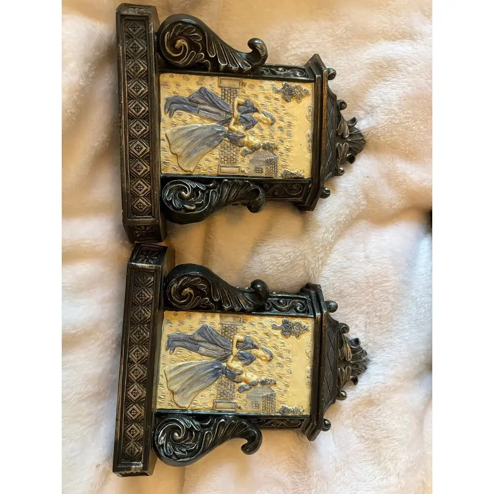 Ornate Victorian Style Desk Set 3pc Decor Courting Couple Relief Bookends Box